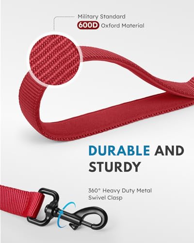 Dog Leash 6FT - Heavy Duty Dog Leash with Traffic Padded Double Handles - Safety Control Traning Leash for Large Medium Dogs - color: Red