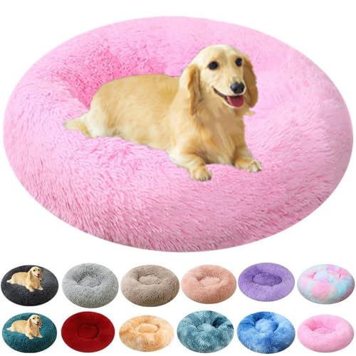 Calming Large Dog Bed & Cat Bed, 43 Inch Anti-Anxiety Donut Dog Cuddler Cat Bed, Warming Cozy Soft Dog Round Bed, Fluffy Faux Fur Machine Washable Pet Cushion for Medium Dogs & Cats (Bright Pink) - color: Bright Pink, size: 43.0"L x 43.0"W x 8.0"Th /Round