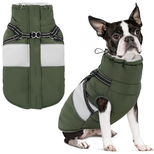 Small Dog Coat with Harness Built in, Warm Dog Jacket Winter with Zipper On Back, Waterproof Pet Snow Jacket Snowsuit Pet Sweater Clothes for Schnauzer, Yorkshire Terrier, Army Green S - color: Army Green, size: Small