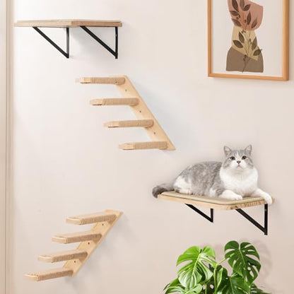Cat Wall Furniture Set, 2PCS Cat Shelves & 2PCS 4 Steps Wall Shelves Stairs Tower Climbing Scratching Perches for Climbing Sleeping, Playing - color: Wood Shelf, size: Combo A (4 Pieces)
