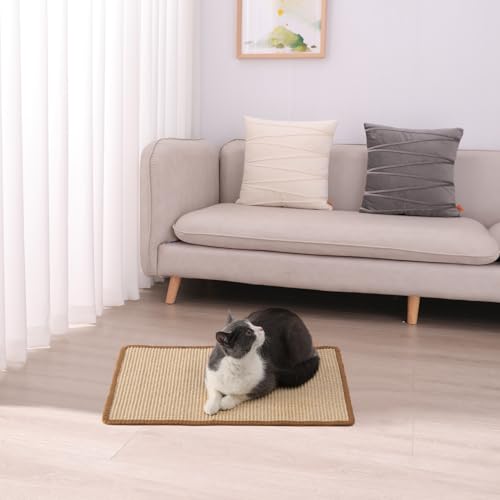FUKUMARU Cat Scratcher Mat, 23.6 X 15.7 Inch Natural Sisal Cat Scratch Mats, Horizontal Cat Floor Scratching Pad Rug with Sticky Tapes, Protect Sofa and Carpet - color: Beige-23.6 x 15.7 Inch