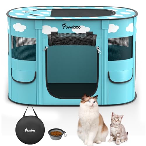 Dog Playpen, Portable Pet Cat PlayPen, 600D Oxford Dog Kennel Tent Crate, Waterproof&Breathable, Indoor Outdoor Travel Camping for Medium/Large Breed with Carrying Case+Bowl(M), Blue + White Clouds - color: Blue + White Clouds, size: Medium(32"x24"x22")