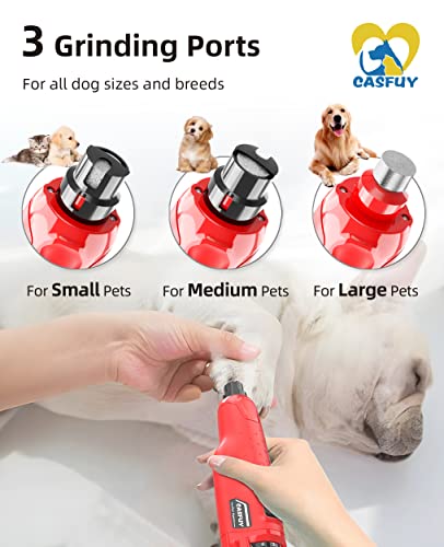 Casfuy Dog Nail Grinder Quiet - (45db) 6-Speed Pet Nail Grinder with 2 LED Lights for Large Medium Small Dogs/Cats, Professional 3 Ports Rechargeable Electric Dog Nail Trimmer with Dust Cap(Red) - color: Red