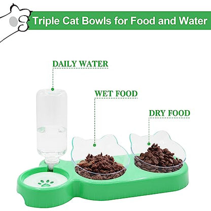 Triple Cat Bowls with Water Dispenser, Pet Whisker Friendly Water and Food Bowl Set with Non-Slip Mat, 15° Tilted Double Feeding Bowls, Elevated Wet and Dry Food Dish for Kitten&Small Dog (Mint) - color: Mint