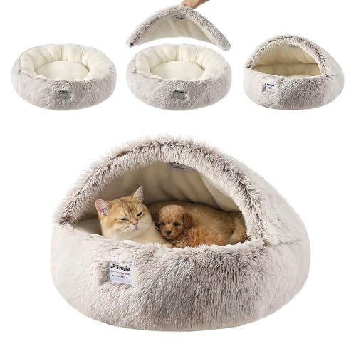 Hooded Dog Bed, Cat Cave Bed with Removable Hood, 2-in-1 Convertible Donut Cat Bed, All Season Fluffy Pet Bed for Cats Small Dogs (Cave Bed - Coffee Color, Medium 19.7 Inches) - color: Cave bed - Coffee color, size: 19.7 in Medium
