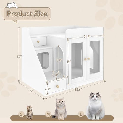 Merax Cat Litter Box Enclosure Furniture with Light,Hideaway Litter Box Furniture with 2 Storage Drawers for Living Room,White - color: White
