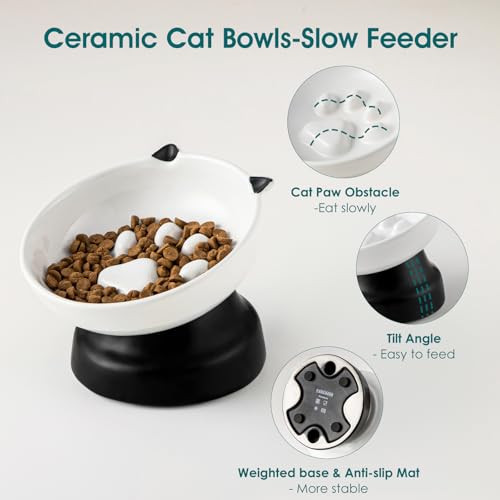 vancasso Slow Feeder Cat Bowls, Ceramic Elevated Slow Feeder Cat Bowls, Raised Food Bowl for Wet Food (Black) - color: Black
