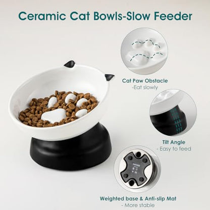 vancasso Slow Feeder Cat Bowls, Ceramic Elevated Slow Feeder Cat Bowls, Raised Food Bowl for Wet Food (Black) - color: Black