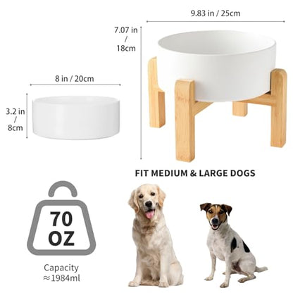 8'' Ceramic Raised Dog Bowl - 70Oz Dog Food & Water Bowl with Elevated Non-Slip Bamboo Stand, Dishwasher & Microwave Safe, Anti Vomiting Heavy Duty Pet Bowl for Medium and Large Dogs, White - color: 1 x Bowl + Stand - White, size: 8 inch