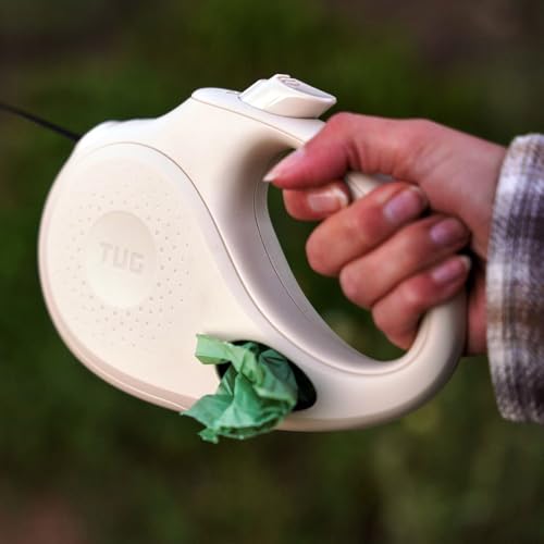 TUG Oval 360° Tangle-Free Retractable Dog Leash with Integrated Waste Bag Dispenser (Medium, Cream) - color: Cream, size: Medium
