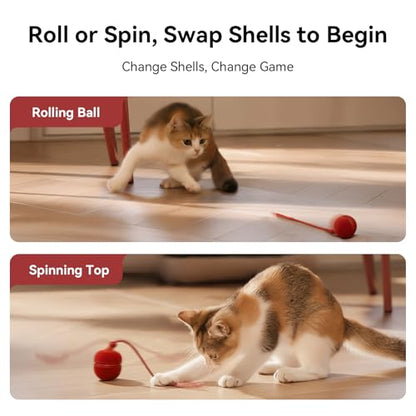 Cheerble 2 in 1 Interactive Cat Toys for Indoor Cats - Wicked Ball Duo2 Automatic Cat Toy, Dual Interchangeable Shells, Electric Cat Toy Ball with Chirping Sounds, Rechargeable Moving Kitten Toys, Red - color: Red