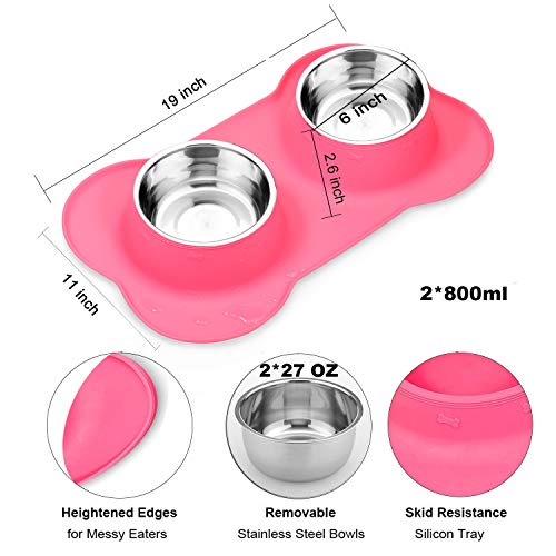 Dog Food Bowls Stainless Steel Pet Food Bowls & Dog Water Bowls, Dog Bowls Silicone Mat No Spill Non-Skid Feeding Bowls for Small Size Dog Puppy Cat Food Dish, Pink, 3 Cup/24oz, Set of 2 Bowls - color: Pink, size: 3 Cup/27 oz each