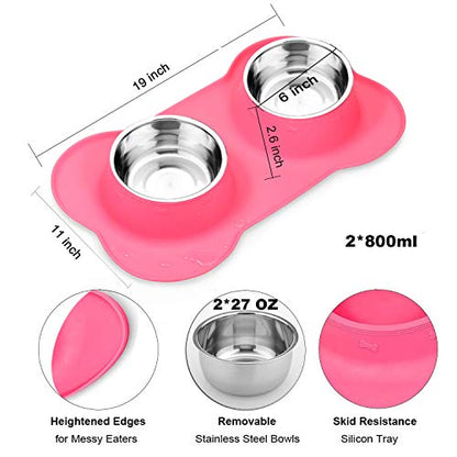 Dog Food Bowls Stainless Steel Pet Food Bowls & Dog Water Bowls, Dog Bowls Silicone Mat No Spill Non-Skid Feeding Bowls for Small Size Dog Puppy Cat Food Dish, Pink, 3 Cup/24oz, Set of 2 Bowls - color: Pink, size: 3 Cup/27 oz each