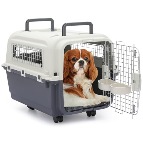 MoNiBloom 25.5-Inch Plastic Carrier with Wheels for Small Dogs and Cats, Multifunction Hard Cat Carrier Dog Kennel Ventilation and Security Lock Design for Pets up to 22 Pounds - color: Grey, size: 25.5"L x 19.0"W x 20.5"H