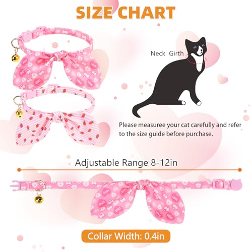 KOOLTAIL Girl Cat Collar Breakaway with Bowtie and Bells, 2 Pack Cute Kitten Collars, Pink Heart & Strawberry Design with Safety Buckle Adjustable for Small Large Girl Cats - color: Heart & Strawberry
