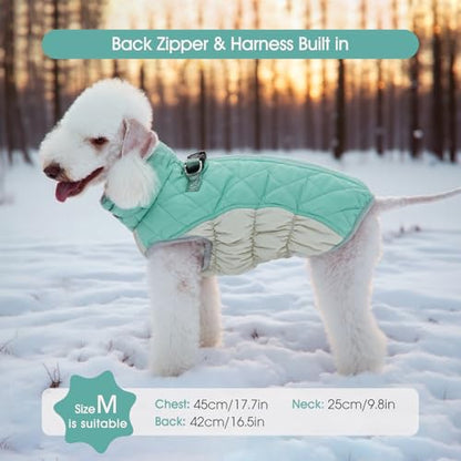 FUAMEY Dog Coat for Small Dogs,Waterproof Dog Winter Jacket with Harness Built in Puppy Cold Weather Coats Reflective Pet Vest with Zipper Warm Fleece Dogs Snowsuit Windproof Mint Green XS - color: Mint Green, size: XS(chest:14in)