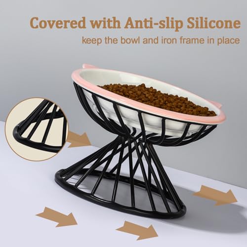 Elevated Cat Bowls,6.3" Wide Raised Ceramic Cat Food Bowl with Anti-Slip Metal Stand for Indoor Cats,Whisker Friendly,Protect Pet's Spine Pet Food Dishes for Flat Faced Cats and Kitten (Pink) - color: Pink
