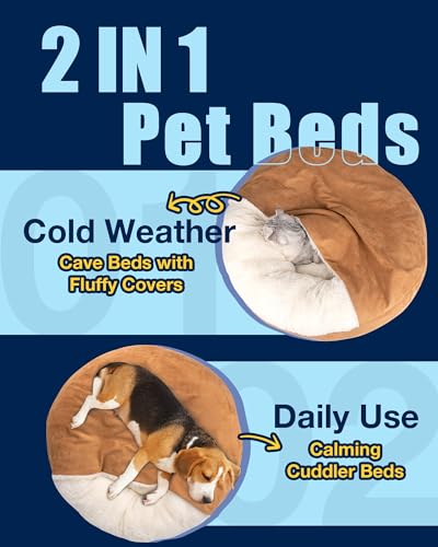 Pet Soft Small Dog Bed Cat Bed with Cover Cave - Round Calming Dog Beds Washable Cuddler Puppy Beds for Small, Medium Dogs and Cats (Khaki, 27") - color: Khaki, size: Medium (27"x27"x8")