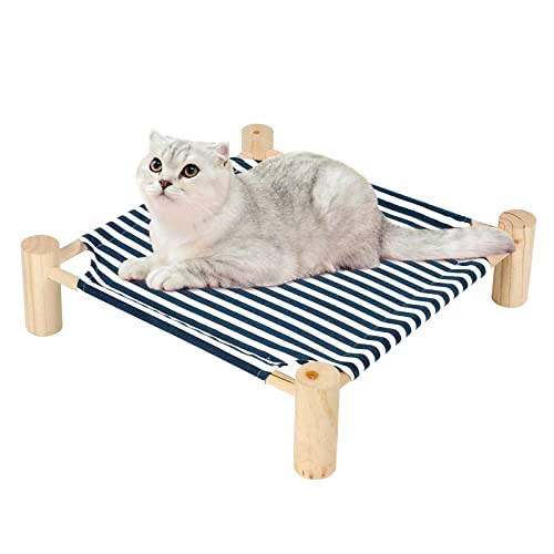 Cat and Dog Hammock Bed for Small Dogs, Brethable Wooden Cat Pet Rabbit Elevated Cooling Outdoor Bed Cots Furniture for Summer Blue Stripe - color: Blue Stripes
