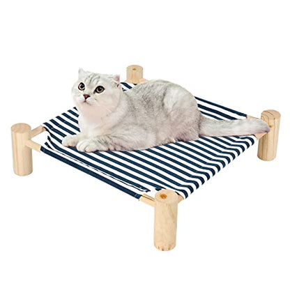 Cat and Dog Hammock Bed for Small Dogs, Brethable Wooden Cat Pet Rabbit Elevated Cooling Outdoor Bed Cots Furniture for Summer Blue Stripe - color: Blue Stripes