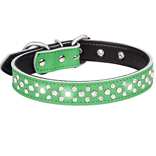 Rhinestones Dog Collar, Adjustable Sparkly Crystal Studded Genuine Leather Pet Dog Collar for Small and Medium Dogs (Green, S) - color: Green, size: Small