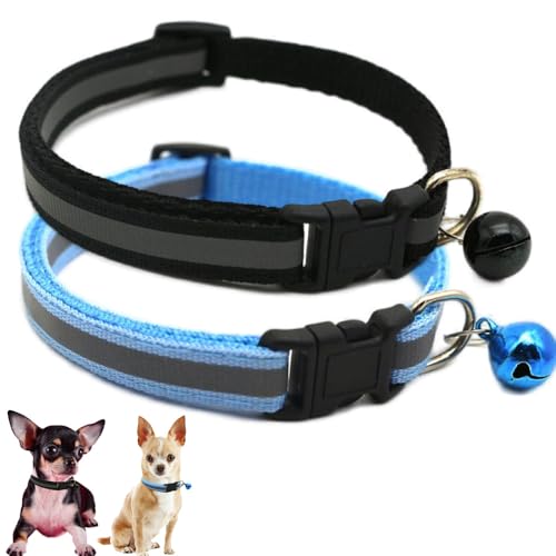 Puppy Collar with Bell, 2 Pack Reflective XXS Dog Collars Adjustable for XS XSmall Extra Small Tiny Little Dogs Pet Cat Boy Male Kitten Black and Blue - color: Black+Light Blue, size: XS(Neck 7.5"-12")