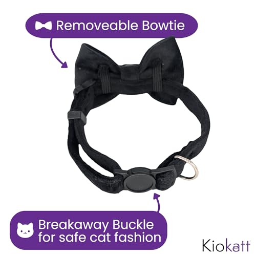 Velvet Bowtie Cat Collar with Bell – Adjustable Breakaway Black Cat Collar for Adult Cats (7–11 in) - color: Black