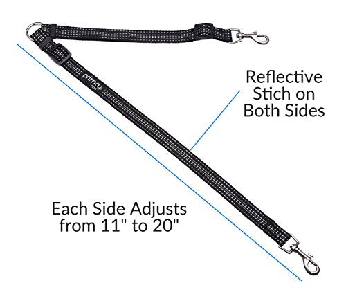 No Tangle Reflective Dog Leash Coupler - Double Dog Walker and Trainer Leash - Two Dogs Adjustable Splitter Lead - Each Side Adjusts 11" to 20" in Length (Medium - 3/4" Width, Black)