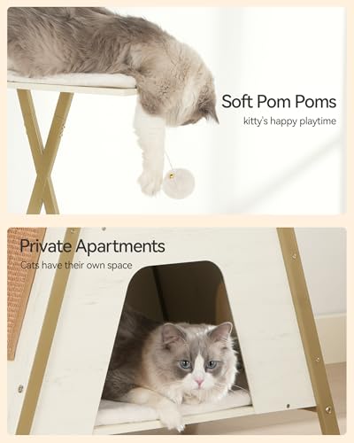 FourFurPets 72.4" Cat Tree, Modern Cat Tower for Indoor Cats, Multi-Level Cat Condo with Caves, Tall Cat Tree with Cat Scratching Board, Wooden Cat Tower with Large Perch, Removable Pads, White - color: White