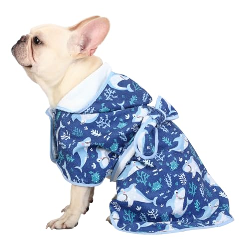 HDE Dog Bathrobe Super Absorbent Quick Drying Puppy Towel Wrap Coat Adjustable After Bath Robes with Hood for Dog Sizes S-XXL Sharks S - color: Sharks, size: Small