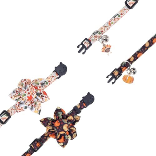 Thanksgiving Day Cat Collar Fall Breakaway with Sunflower and Bell Autumn Holiday for Kitty Adjustable Safety - color: Pumpkin-sunflower