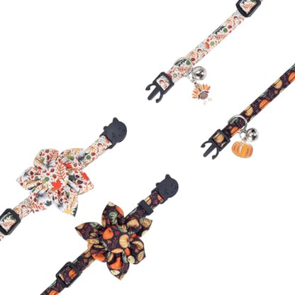 Thanksgiving Day Cat Collar Fall Breakaway with Sunflower and Bell Autumn Holiday for Kitty Adjustable Safety - color: Pumpkin-sunflower