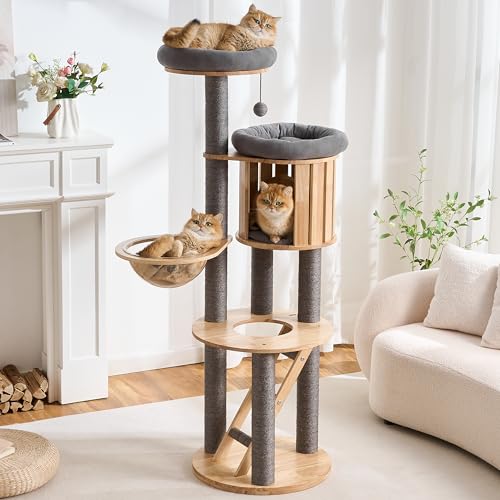 797Audio Wood Modern Cat Tree, 61.5" Tall Cat Tower with Sisal Scratching Posts, Cat Condo, Capsule and Ladder, Solid Wooden Aesthetic Multi-Level Cat Climbing Tree for Large Adult Indoor Cats-Gray - color: 62 Inch-Gray
