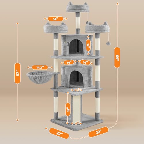 Yaheetech | 68.5in Cat Tree | for Large Cats | Multi-Level Cat Tower with 3 Wide Perches, Large Condo | Stable Pet Play House w/Sisal-Covered Scratching Posts & Board | Light Gray - color: Light Gray, size: 68.5in