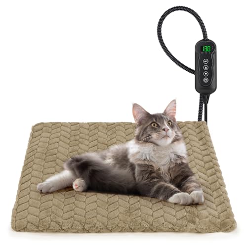 GASUR Heated Cat Bed, Waterproof Cat Heating Pad Indoor w/Timer, Temp Adjustable Pet Heating Pads for Cats Dogs, Auto Power-Off, Cats Warming Bed w/Remove Washable Cover, Anti-Chew, 18''x16'', Small - color: Brown, size: Small(18"x16")