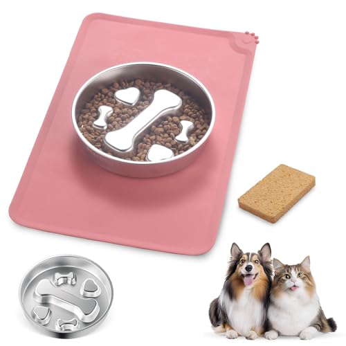 Stainless Steel Slow Feeder Dog Bowls – Non-Slip Metal Dog Bowl for Large & Medium Breeds, Puppy Puzzle Feeder – 2 Cup Capacity for Small to Big Pets – Durable Slow Feed Dog & Cat Food Dish with Mat - color: Bone&Heart With Mat-Pink