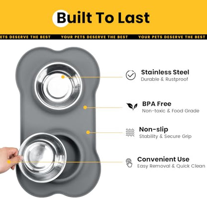 Conlun Dog Bowls with Silicone Feeding Mat,No Spill Food Water Dish Set,Dishwasher Safe,2 Stainless Steel Puppy Bowls with Dogs Bandanas,Suitable for Tiny Pets Under 8lbs,Extra Small,Grey - color: Grey, size: Extra Small-5 oz
