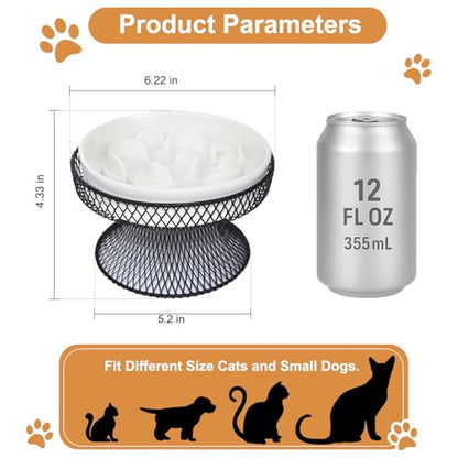 Raised Ceramic Cat Slow Feeder Bowl, Elevated Cat Plate with Stand, Slow Bowl for Wet and Dry Food, Whisker Friendly Pet Feeder for Kitten and Small Dog Perfect for Pet Gift - color: white set of 1