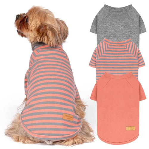 KYEESE 3Pack Dog Sweater, Soft Puppy Sweatshirt Stretchy Pullover Dog Sweater for Small Dogs Girl Boy, Lightweight Fleece Cat Shirt Pet Clothes with Sleeves, M - color: 01# 3Pack(Orange+Grey+Stripe), size: Medium (8.5-13lbs)