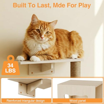 Cat Wall Shelves, Wooden Multi-Level Cat Climbing Furniture, House, Steps, Sisal Scratcher, Perches Bed & Ball, Space-Saving Wall Mounted Cats Shelves for Play & Rest - size: 4-in-1 Cat Shelves
