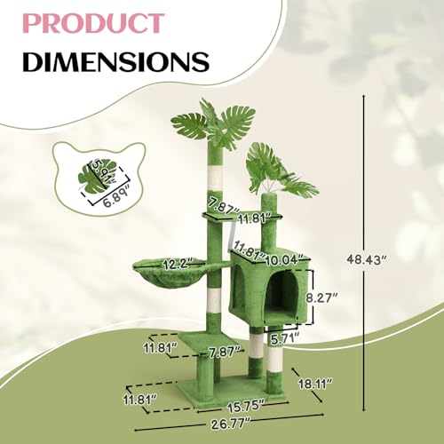 Outvita Cat Tree 48in Monstera Cat Tower with Leaves, Multi-Level Cat Tree Tower with Condo, Cozy Plush Hammock, Dangling Toy, Sisal Scratching Posts, Large Pet Activity Center for Indoor Cats, Green - size: 48" Green