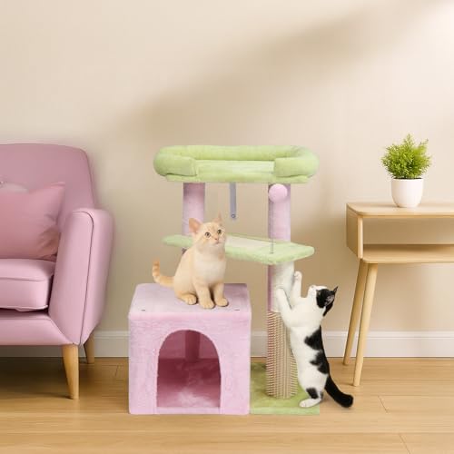 Outvita Cat Tree 27.5in Small Cat Tower, Multi-Level Cat Tree Tower with Cat Scratching Post and Pad, Cozy Cat Condo, Padded Top Bed for Kittens and Indoor Cats, Pink & Green - size: 27.5" Pink & Green