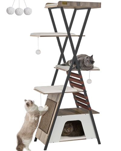 FourFurPets 72.4" Cat Tree, Modern Cat Tower for Indoor Cats, Multi-Level Cat Condo with Caves, Tall Cat Tree with Cat Scratching Board, Wooden Cat Tower with Large Perch, Removable Pads, Camel Brown - color: Camel Brown