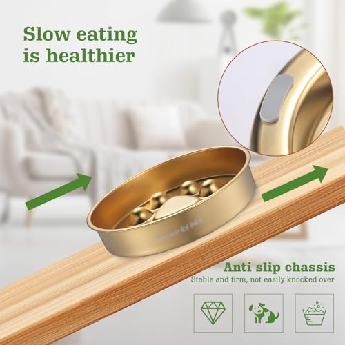 Golden Stainless Steel Slow Feeder Dog Bowls – Non-Slip Metal Dog Bowl for Large & Medium Breeds, Puppy Puzzle Feeder – 2 Cup Capacity for Small to Big Pets – Durable Slow Feed Dog & Cat Food Dish - color: Paw-Golden