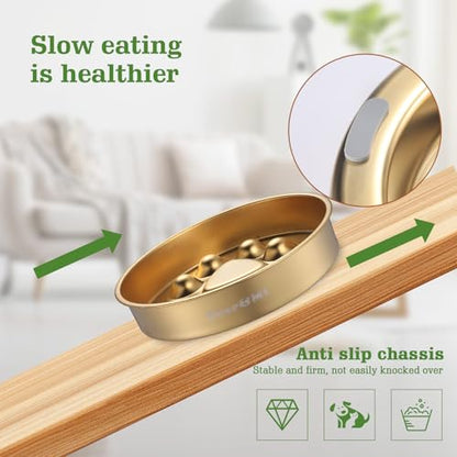 Golden Stainless Steel Slow Feeder Dog Bowls – Non-Slip Metal Dog Bowl for Large & Medium Breeds, Puppy Puzzle Feeder – 2 Cup Capacity for Small to Big Pets – Durable Slow Feed Dog & Cat Food Dish - color: Paw-Golden
