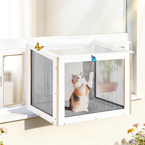 Cat Window Box, Wooden Outdoor Catio Window Enclosure with Clear Acrylic Roof & Bug-Proof Mesh, Universal Cat Window Perch with PVC Curtain for Sunbathing & Napping, Fits Vertical Windows 25"–43" W
