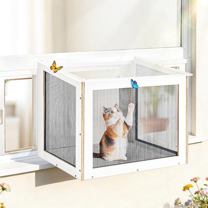 Cat Window Box, Wooden Outdoor Catio Window Enclosure with Clear Acrylic Roof & Bug-Proof Mesh, Universal Cat Window Perch with PVC Curtain for Sunbathing & Napping, Fits Vertical Windows 25"–43" W