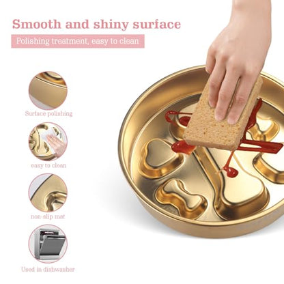 Golden Stainless Steel Slow Feeder Dog Bowls – Non-Slip Metal Dog Bowl for Large & Medium Breeds, Puppy Puzzle Feeder – 2 Cup for Small to Big Pets – Durable Slow Feed Dog & Cat Food Dish with Mat - color: Bone&Heart With Mat-Golden