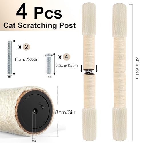4 Pcs M8 Cat Scratching Post Replacement with Screws, 15.7×3.9-Inch Upgraded Natural Sisal and Soft-Spiked Cat Tree Replacement Parts, for Cat Tower Furniture - color: M8+White02