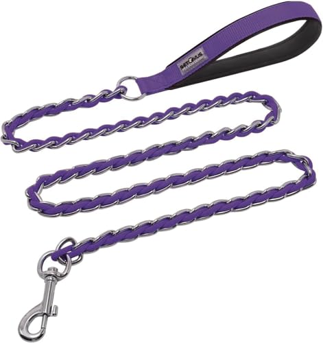 Chain Dog Leash Chew Proof Metal Leash for Medium Large Dogs, Chain Link Dog Anti Chew 5.2FT / 4FT Strong Anti Bite Comfortable Soft Padded Handle (Purple, 4FT（30-80lb）) - color: Purple, size: 4FT(30-80lb)